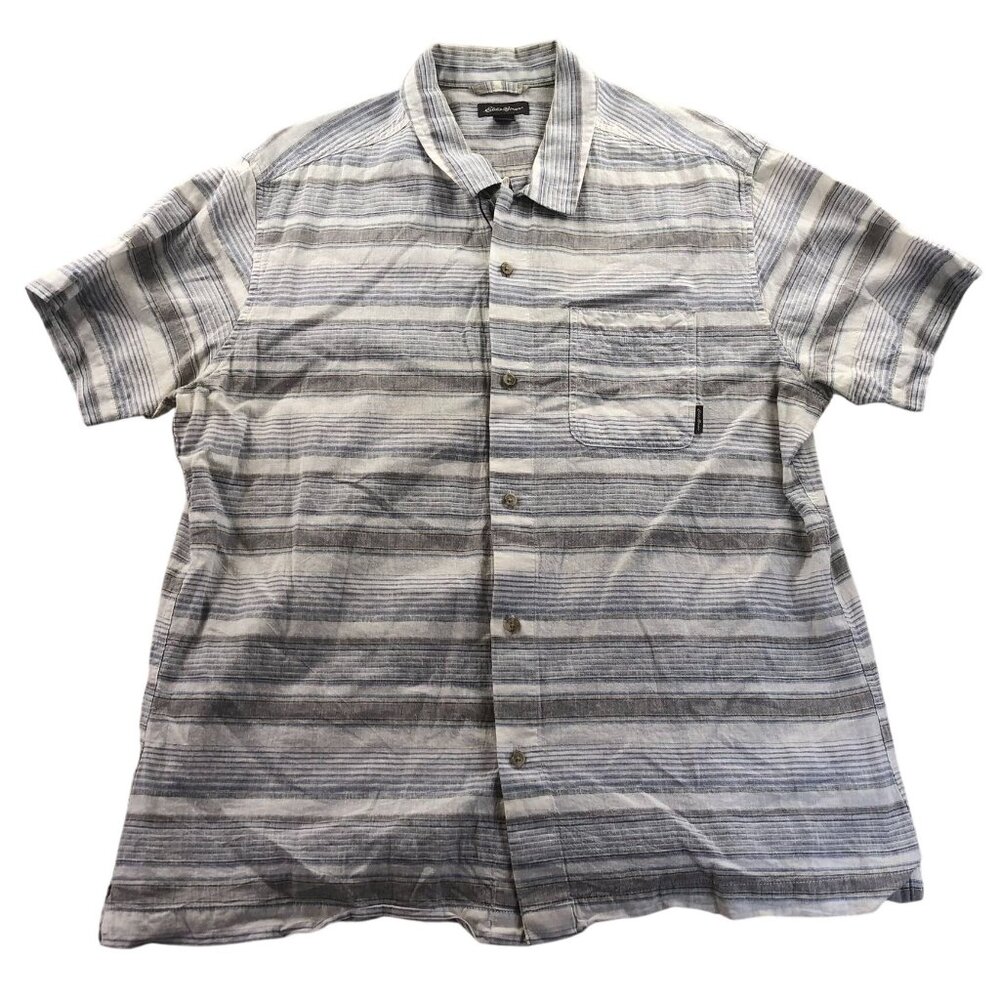 Eddie Bauer Mens Shirt XL Short Sleeve Button-Up Striped Linen Blend Casual Top